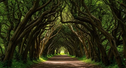 A path through a dark, enchanting forest with gnarled trees forming an archway
