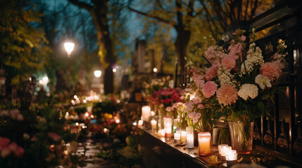 Beautiful Cemetery with Candles and Flowers Lit for All Saints’ Day Night Commemoration