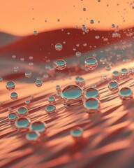 Closeup of water droplets on a textured surface with warm lighting.