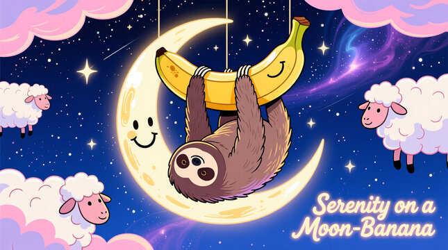 A sleepy sloth hangs from a smiling banana, which is perched on a crescent moon in a starry night sky. Fluffy sheep float on clouds nearby. The text "Serenity on a Moon-Banana" completes the dreamy