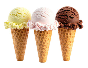 Three ice cream cones, yellow, pink, and brown, on a white background