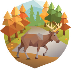 Low poly American moose walking in autumn forest path