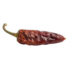 Dried, wrinkled red chili pepper isolated on black with a curled stem