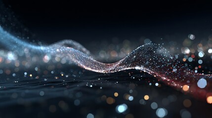 Abstract digital wave with bokeh effect flowing light trails and soft defocused orbs futuristic gradient background modern tech wallpaper data stream motion blur elegant copy space
