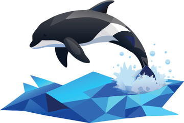 Low poly American dolphin family swimming together in ocean