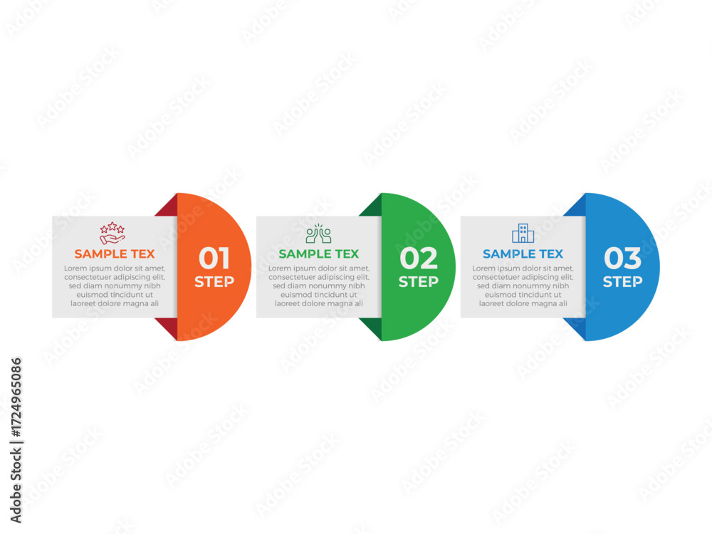 Poster concept of arrow business model with 3 successive steps. six colorful graphic elements. timeline des