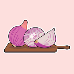 Vector illustration of sliced ​​and whole red onions on a chopping board