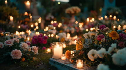 Colorful Flowers and Bright Candle Lights on Graves for All Saints’ Day Night Commemoration