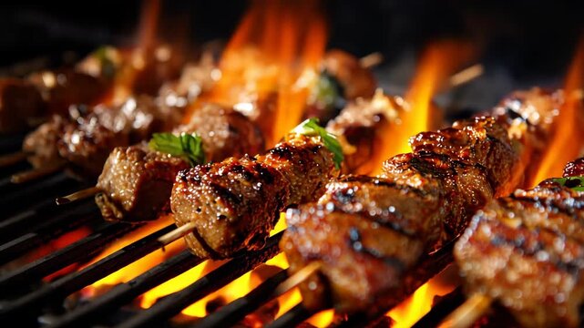Juicy meat skewers sizzle on a grill surrounded by vibrant flames during a backyard barbecue gathering. Friends enjoy grilling and sharing tasty dishes