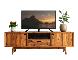 Wooden media console with TV displaying landscape
