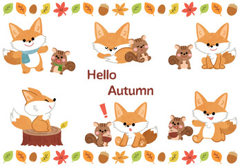 かわいいキツネとリスと紅葉のアイコンイラストセット