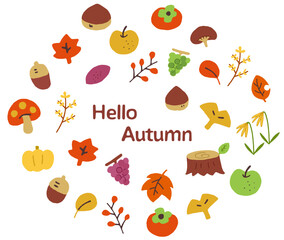 カラフルな秋と紅葉のアイコンイラストセット