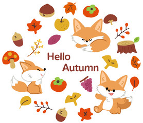 カラフルな秋と紅葉とキツネのアイコンイラストセット