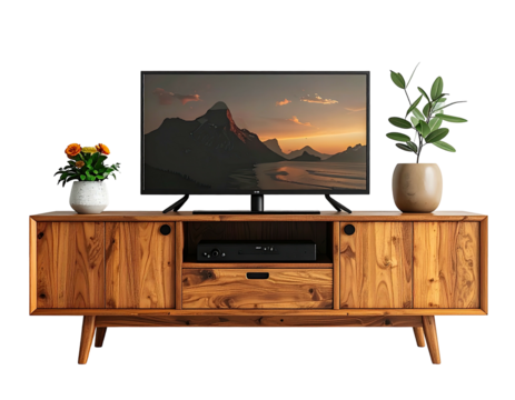 Wooden media console with TV displaying landscape