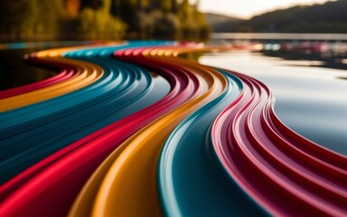 Colorful abstract river art with vibrant flowing lines and reflections.