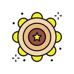 Cartoon tambourine featuring a central star with yellow circles along the edge and dot accents