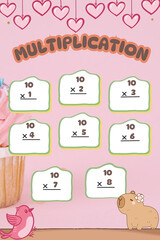 Educational worksheet for children practicing multiplication facts with the number 10, featuring cute cartoon animals and cupcake graphics
