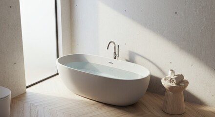 Serene Bathroom Bathtub filled with water with sunlit, peaceful, and minimalist style.