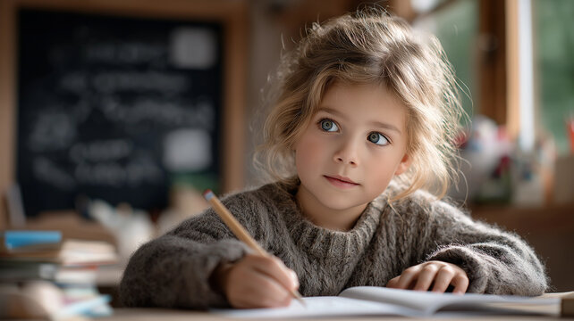 Detailed school interior with young student learning at desk books neatly arranged educational posters chalk writing on blackboard warm sunlight realistic textures symbolizing curiosity concentration  - Powered by Adobe