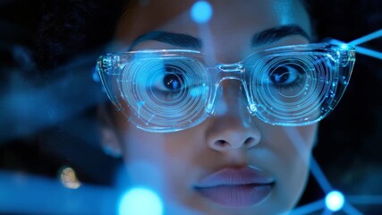 Exploring the intersection of technology and science through the lens of a biracial female scientist, network of connections over biracial female scientist in laboratory - Powered by Adobe