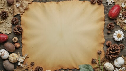 Rustic autumn background with aged parchment and natural elements