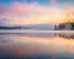 Obraz premium Misty sunrise over calm lake with pastel sky reflections