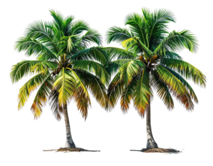 Two vibrant tropical palm trees against a black background. Lush green fronds and trunks, showing variations in color and texture