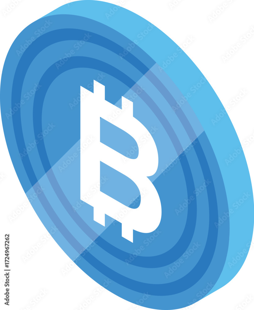 Poster rotating blue bitcoin cryptocurrency coin showing its value in isometric view