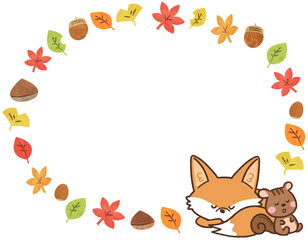 秋の紅葉と眠るキツネとリスの丸いフレームイラスト