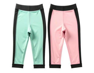 Two pairs of cropped leggings, mint green and dusty rose, featuring black paneling on the sides