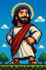 Pixelated Jesus Christ with Halo in a Vibrant Pixel Art Style, 8-bit Gaming