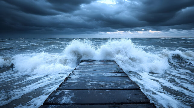Stormy sea waves crashing over wooden pier