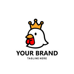 A fun and bold chicken logo design featuring a white chicken head with a golden crown
