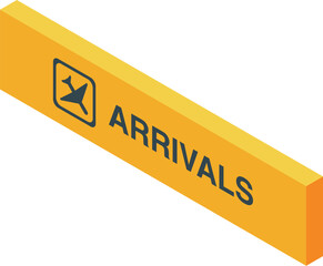 Yellow isometric airport arrivals sign guiding passengers to baggage claim and greeting area