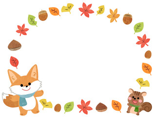マフラーをしたキツネとリスの秋の紅葉フレームイラスト