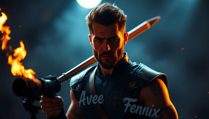 Warrior Holding Flamethrower with Sword, Dramatic Lighting and Intense Expression