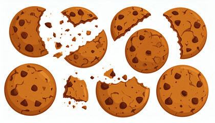 Bitten chocolate chip cookie, crunchy homemade brown biscuit, broken cookie with crumbs, cartoon cookie illustration, sweet dessert snack design