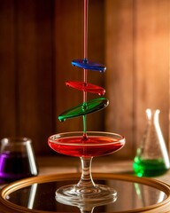 Colorful liquid art pouring into a glass creative science experiment.