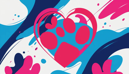 Creative Pet Paw Print in Heart Shape with Colorful Abstract Background