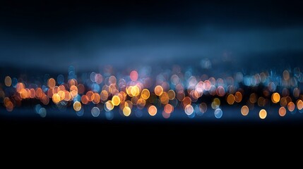 Blurred circular night bokeh lights on dark abstract background with soft defocused glowing orbs ideal for festive designs web banners social media headers elegant overlays and ample copy space