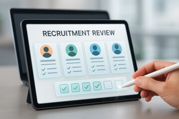 Stylus tapping recruitment review interface on tablet with candidate profiles and checkmarks
