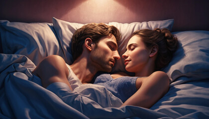 Couple Relaxing in Bed Together Sweet Romantic Moment Under Light