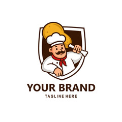 Cartoon chef mascot character holding a big fried chicken drumstick inside a shield emblem. Funny and friendly cook illustration with mustache, chef hat, and red scarf. Perfect for restaurant logo