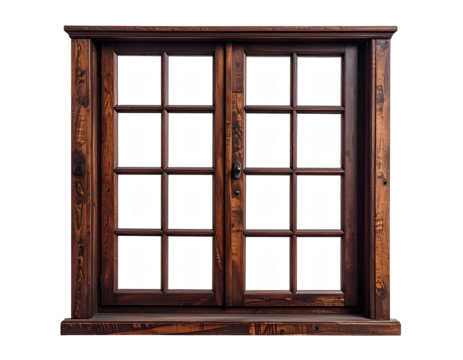 Dark brown wooden double-hung window with twelve panes, on a white background