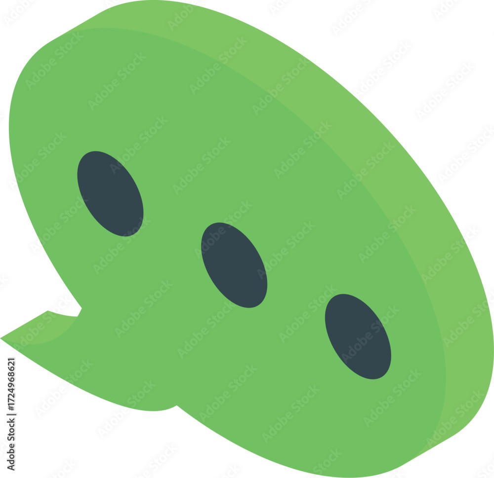Poster green chat bubble with three dots inside representing waiting or typing status in isometric view