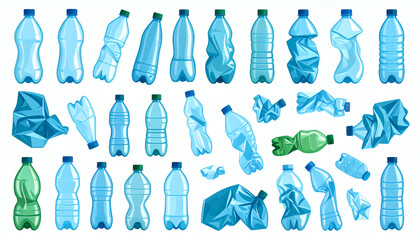 Obraz premium Crumpled plastic bottles, broken and crushed empty plastic containers, recycling and waste management concept, realistic plastic bottle debris, eco-friendly environmental illustration
