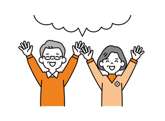 大きいハートと、笑顔でバンザイする60代・70代の夫婦の上半身ベクターイラスト素材