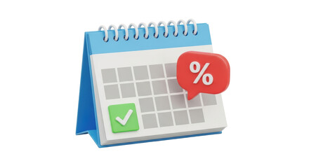 Isolated desk calendar with a percentage sign and a green check mark for sale day