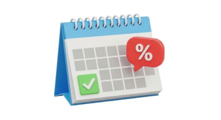 Isolated desk calendar with a percentage sign and a green check mark for sale day