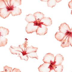 Simple watercolor hibiscus flowers seamless pattern on white. Bright red summer blooming repeat background for tropical wedding designs in Hawaiian style. Hand drawn floral backdrop